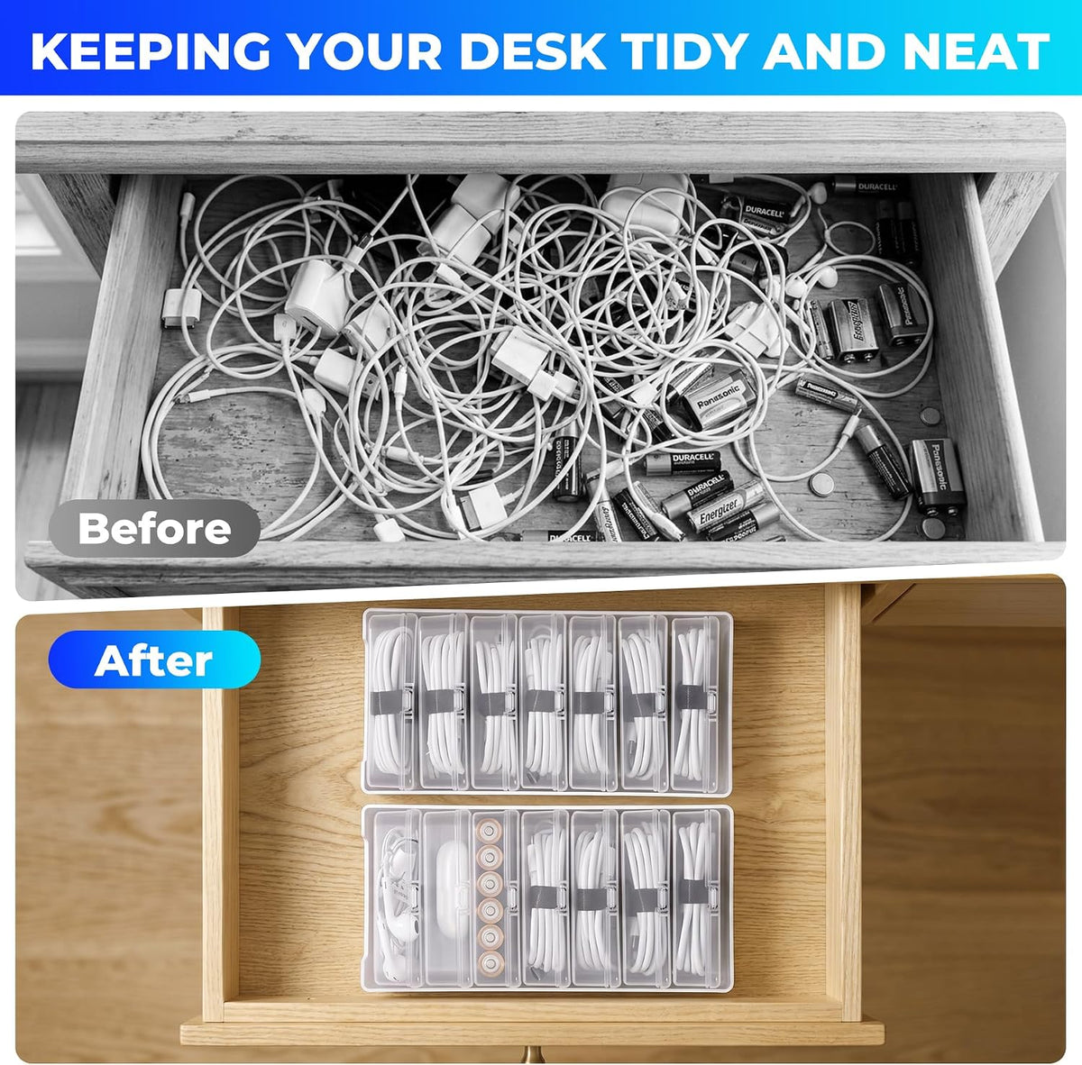 2 Pack Cable Organizer Box with 14 Clear Switch Case, Cable Straps and Label ...