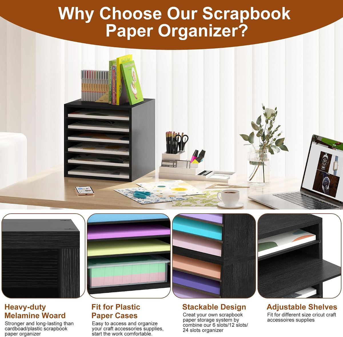 Alpeir Scrapbook Paper Storage Organizer with Adjustable Shelves, Black