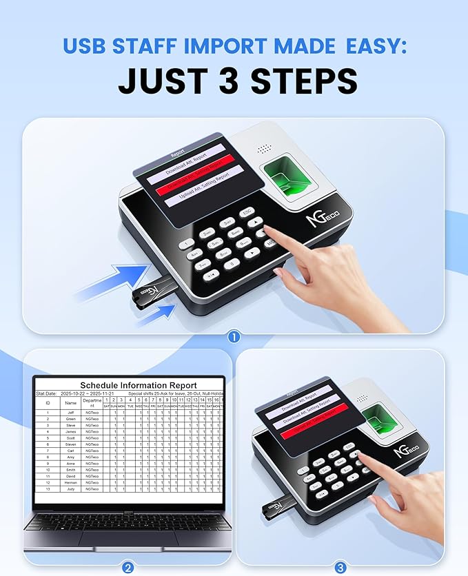 NGTeco Fingerprint & PIN Biometric Time Clock, Standalone Punch Machine - Image 3