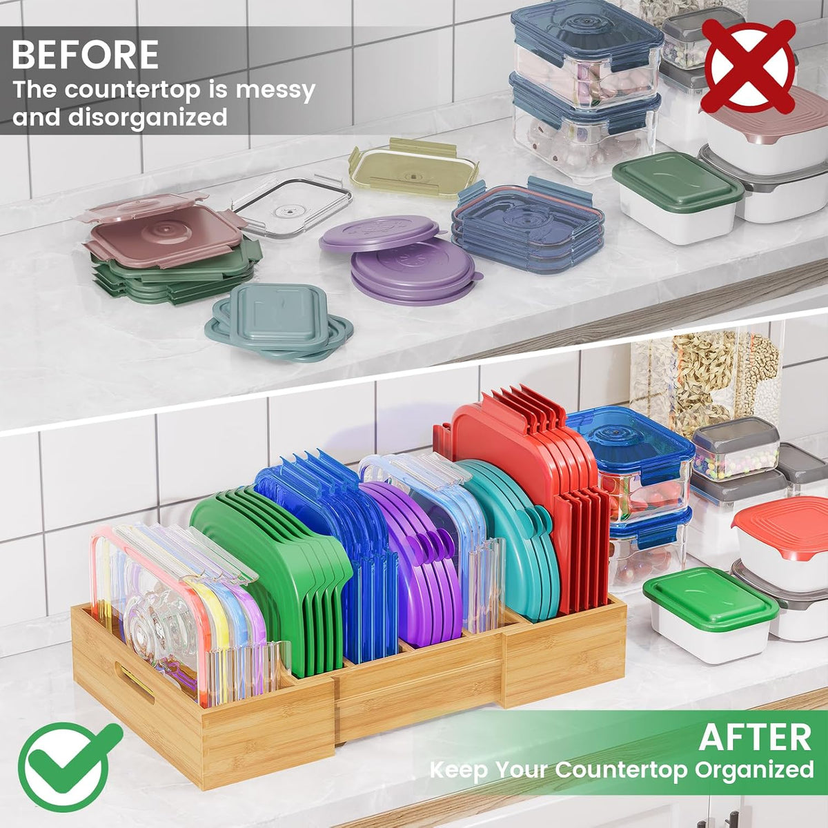 Kiasthome Expandable Bamboo Lid Organizers Inside Cabinet, Kitchen Cabinet Or...