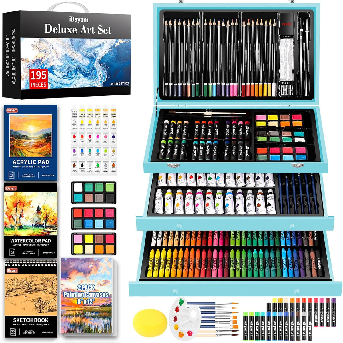 ibayam 195pcs art supplies kit, sketch book, acrylic, main product view
