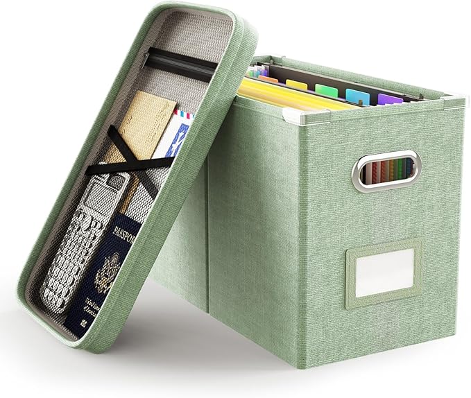 Oterri File Organizer Box with Lid, Hanging Filing File Box with Mesh Pocket by Oterri