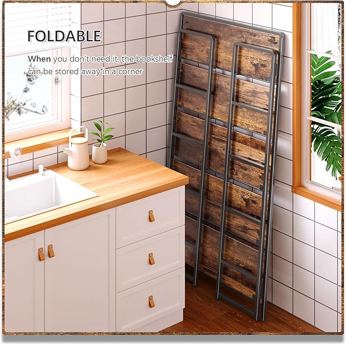 4NM No Assembly Extra Wide 5 Tiers Folding Bookshelf Storage Shelves Vintage - Image 4