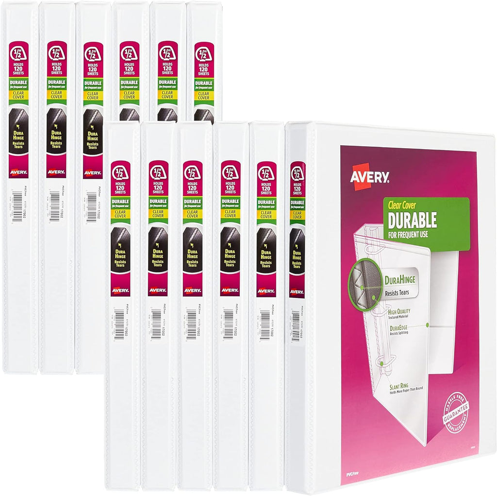 Avery Durable View 3 Ring Binders, 0.5" Slant Rings, 135-Sheet Capacity, 0.7 Inch Wide Spine, Great for Home, School Supplies, Office, or Organization Needs, White Binders (12-Pack of 17002)