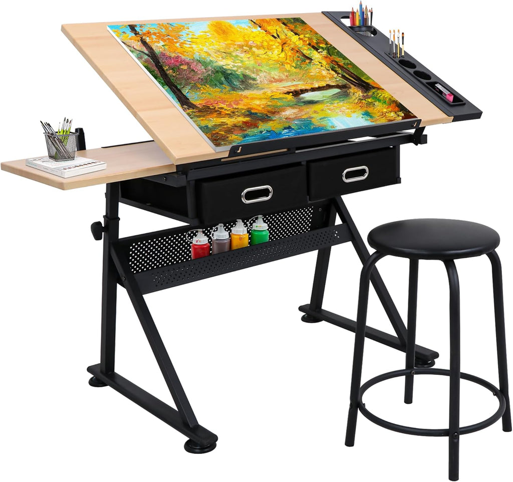 Adjustable Height Drafting Desk Drawing Table Tiltable Tabletop for Reading, Writing Art Craft w/Stool and Drawers