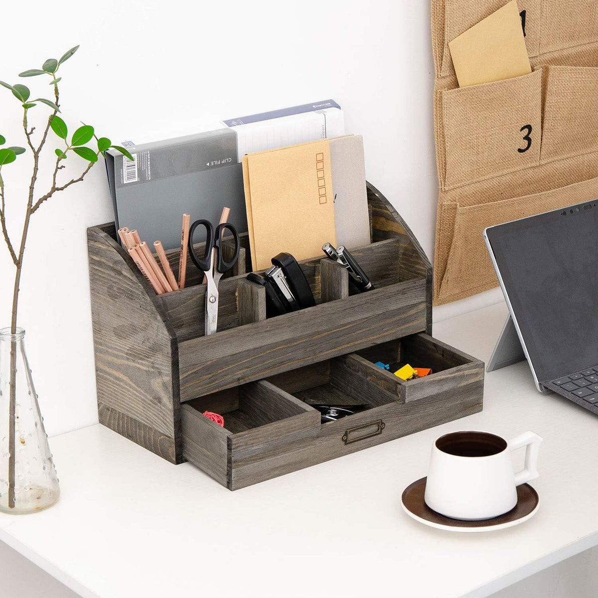 canwedance Distressed Rustic Wooden Office Desk Organizer 5 Compartment with ...