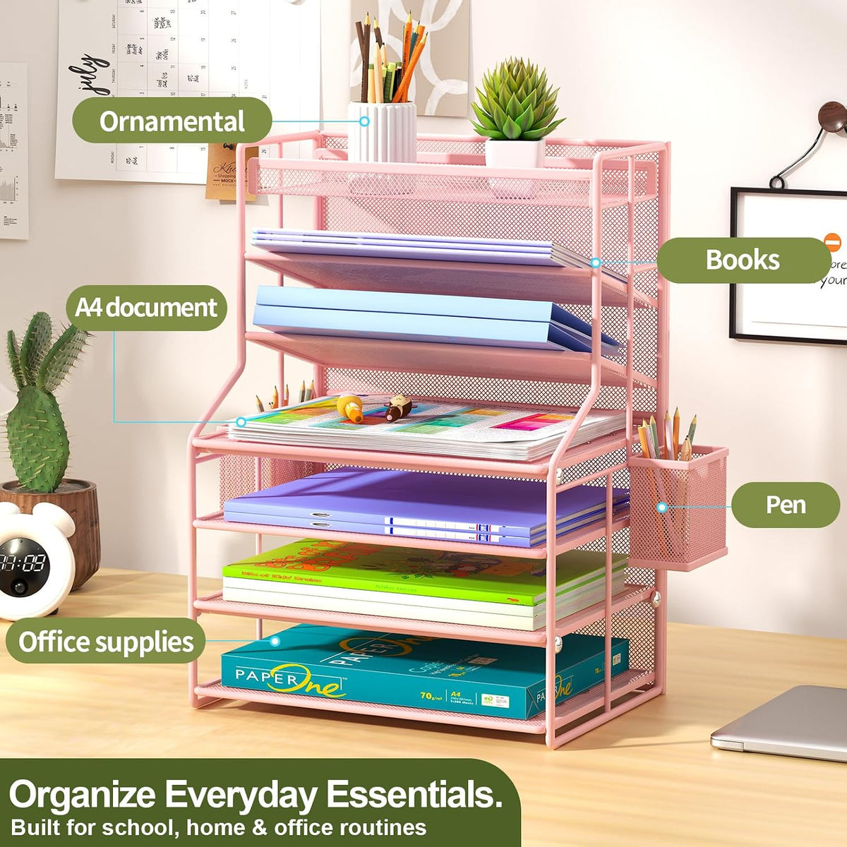 Pink 7 Tier Desk File Organizer, Metal Letter Tray Paper Organizer with Pull-...