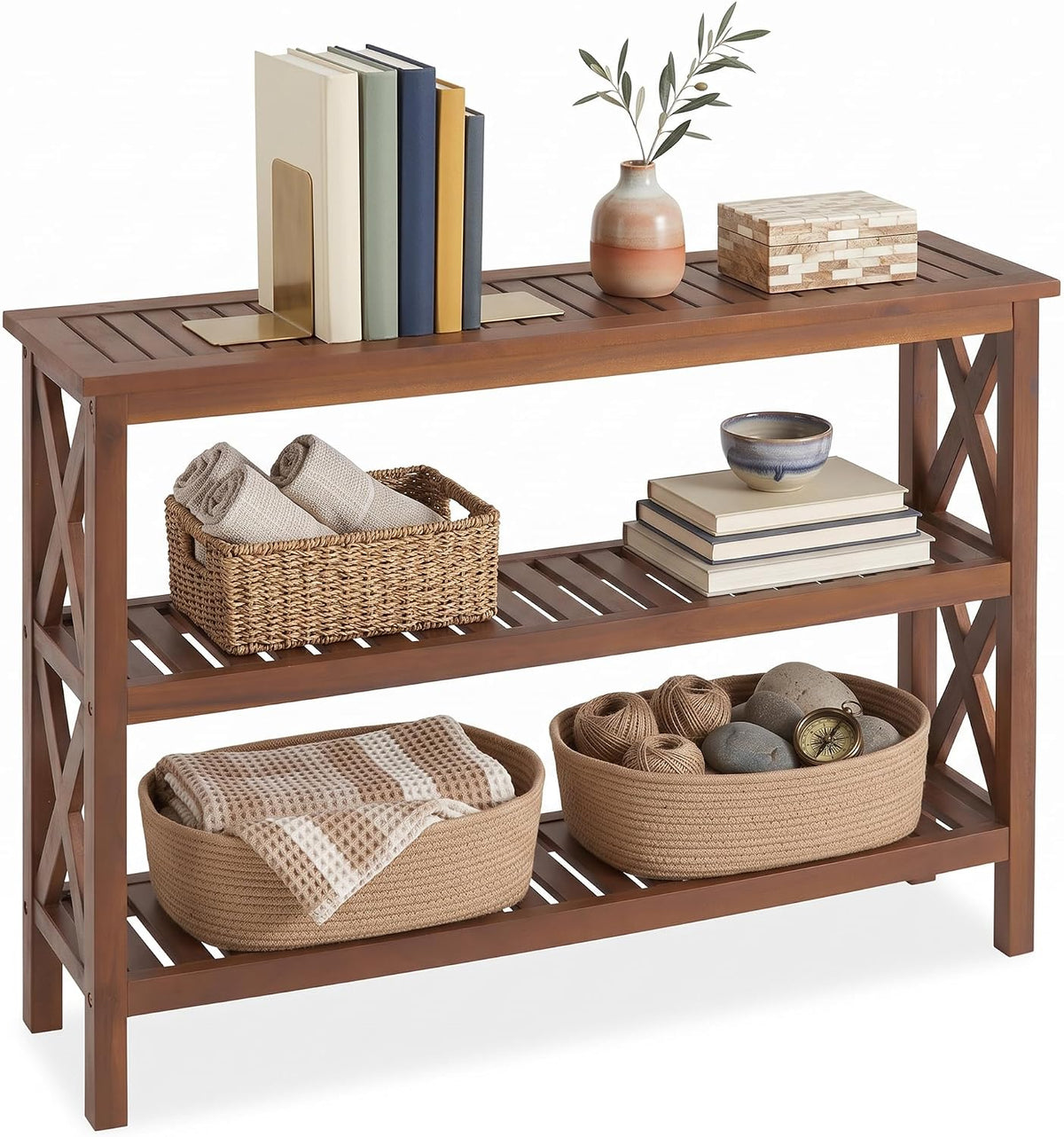 SUPER DEAL 40 in Solid Wood Console Table, 3-Shelf Wooden Outdoor Side Table ...