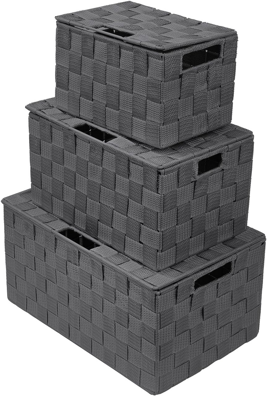 Sorbus Storage Basket with Lid, 3-Piece Woven Set for Shelves (Gray)