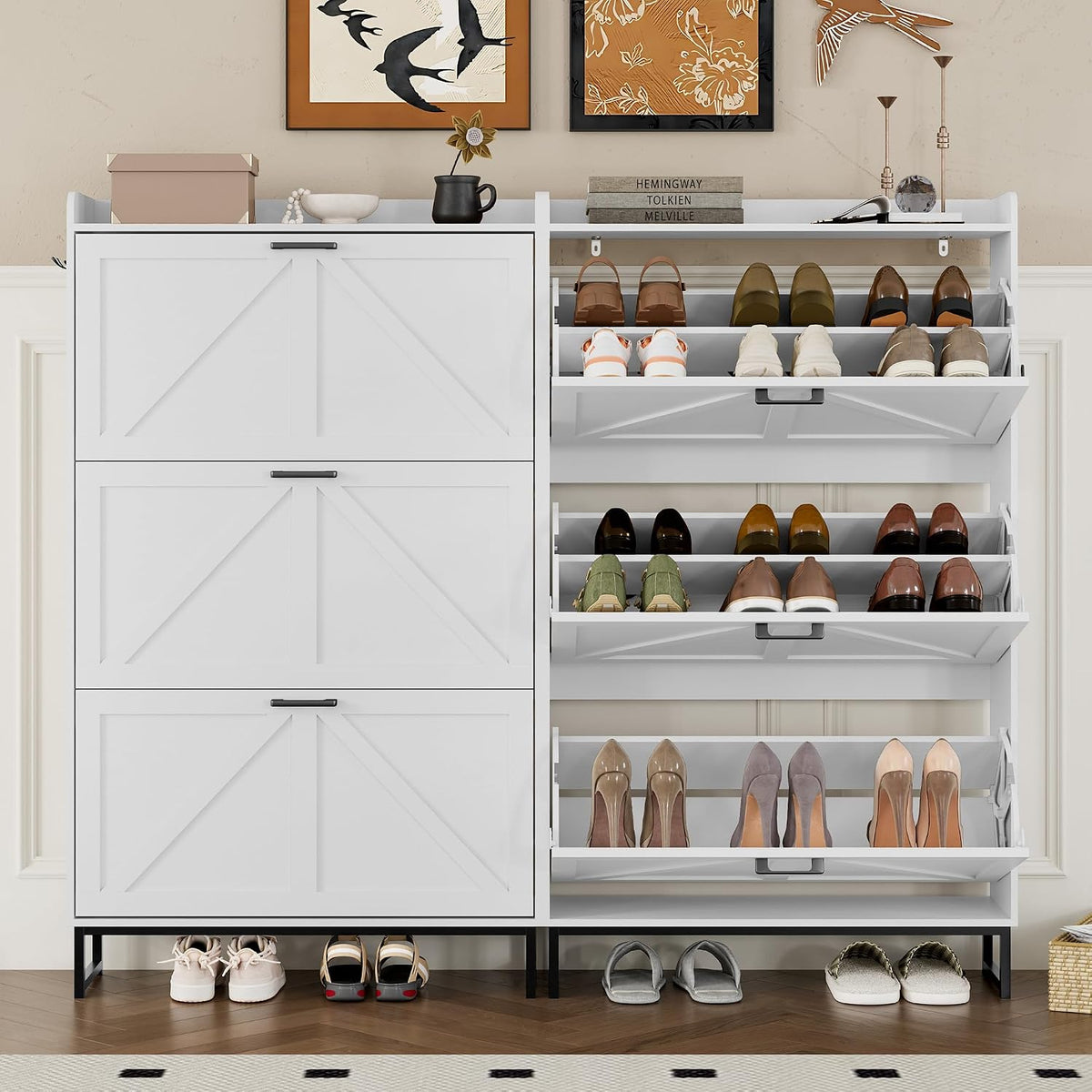 BORNOON Shoe Cabinet with 3 Flip Drawers Narrow Shoe Storage Cabinet Organize...