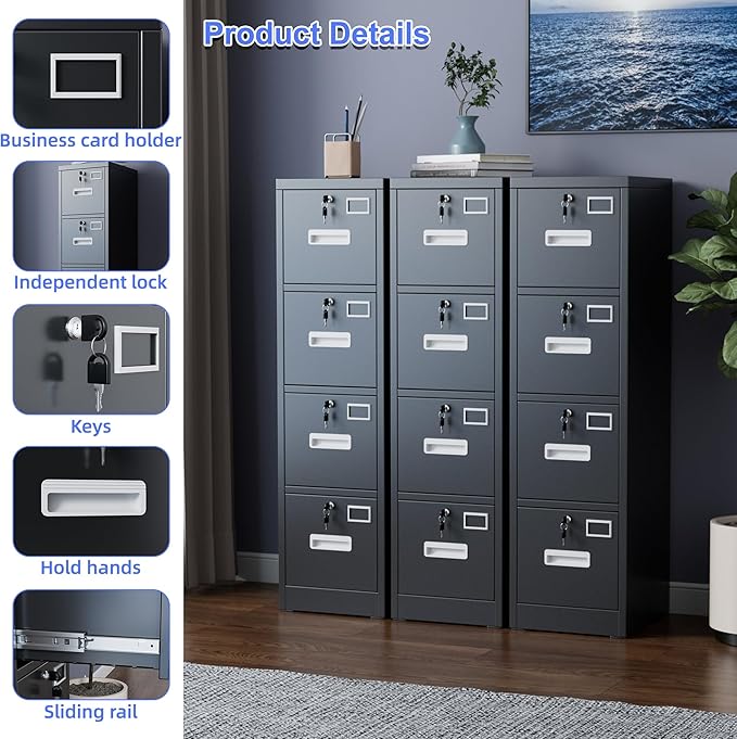 SUXXAN 4 Drawer File Cabinet, Metal Vertical Black Filing Cabinets - Image 5