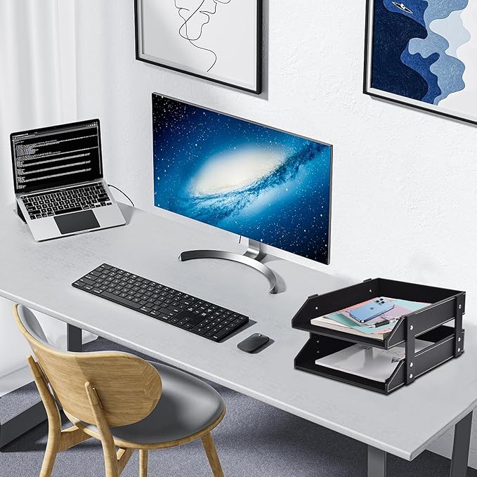 Leather Desk Organizer, 2-Tier Stackable Letter Tray Holder, Office Supplies - Image 8