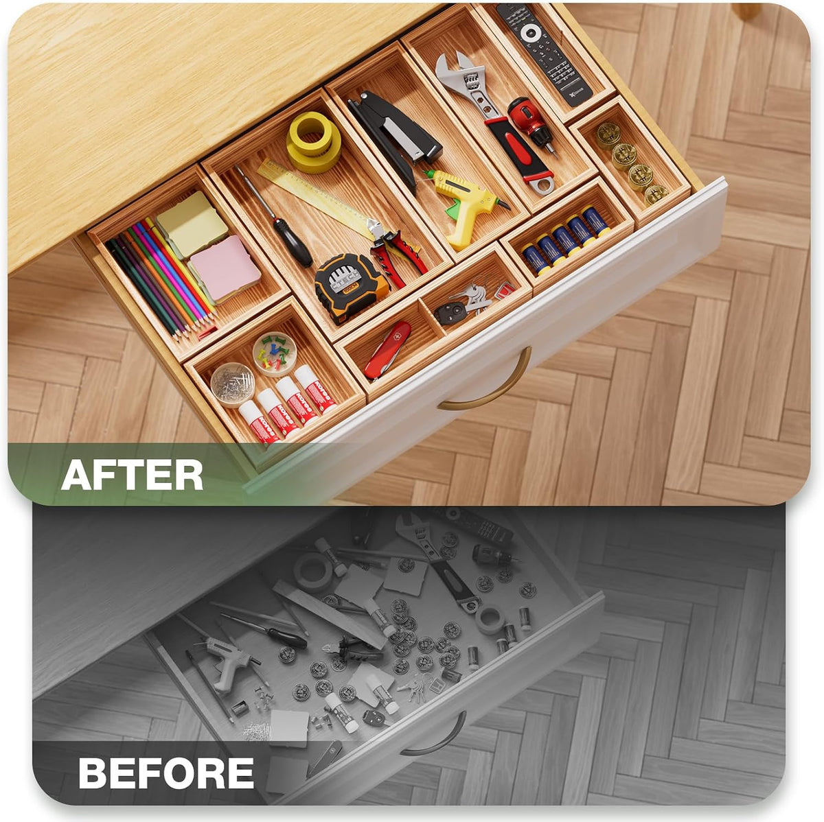 9-Pack Solid Wood Junk Drawer Organizer, Modular Desk Drawer Tray & Acces...