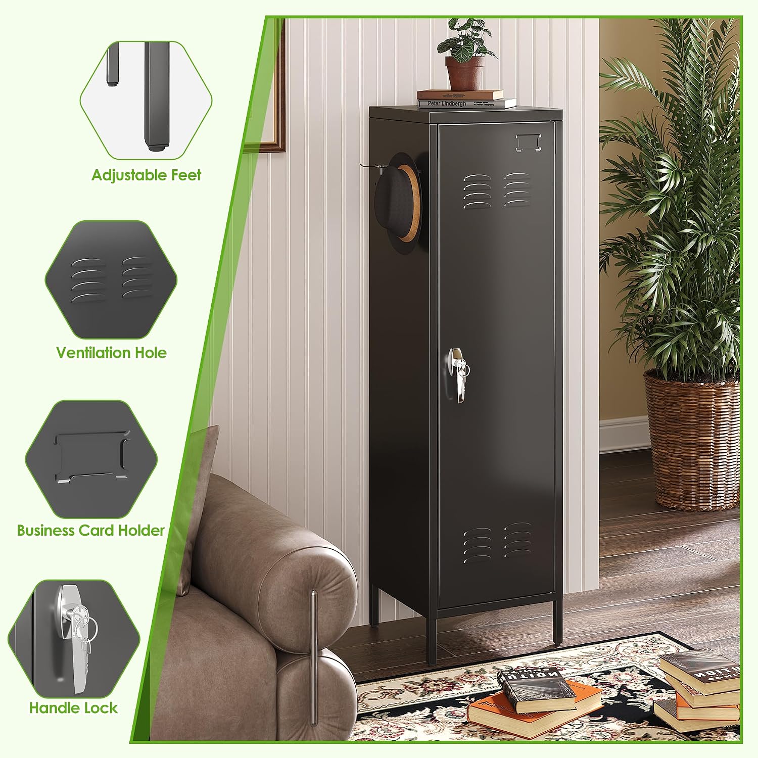 54" H Lockable Metal Storage Lockers with, Steel Locker Cabinet with Metal Hooks and 1 Adjustable Shelf for Home, School,Office, Assembly Required, Black