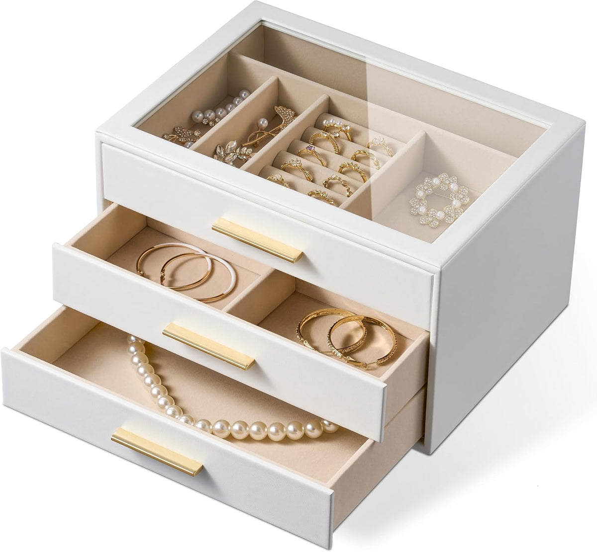 Jewelry Box Organizer Storage Case, 3-Layer with Glass Window, Pure White