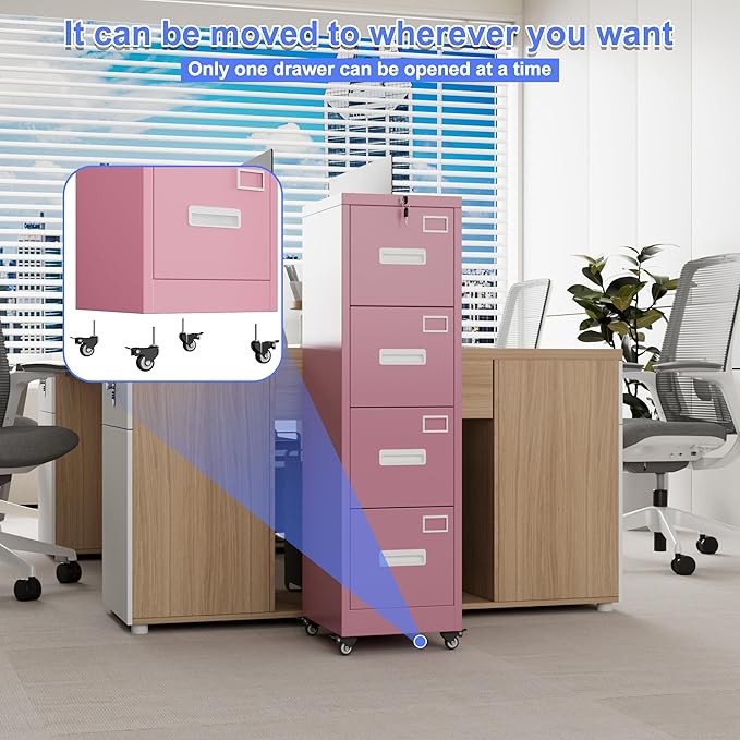 METAN 4 Drawer File Cabinet on Wheels, Lockable Metal Filing Cabinet - Image 5