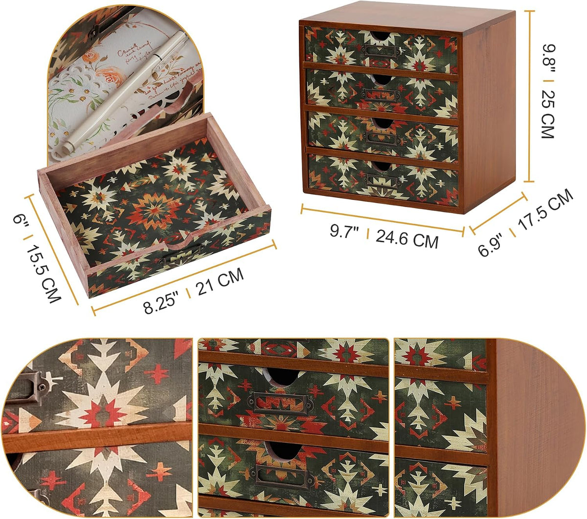 Boho Green Wooden Desk Organizer with Drawers – 4-Drawer Desktop Storage Box ...