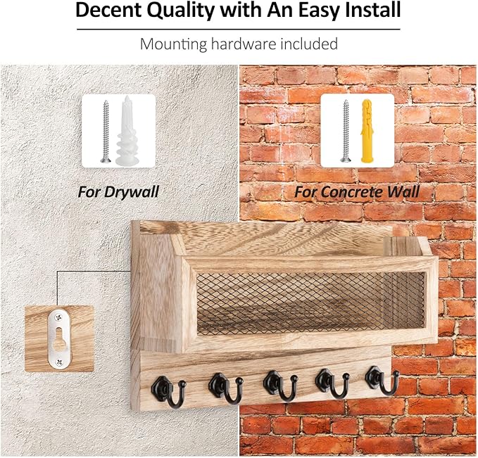 Nekon Mail and Key Holder for Wall Decorative, 11 Inch Wooden Wall Key Organizer - Image 7