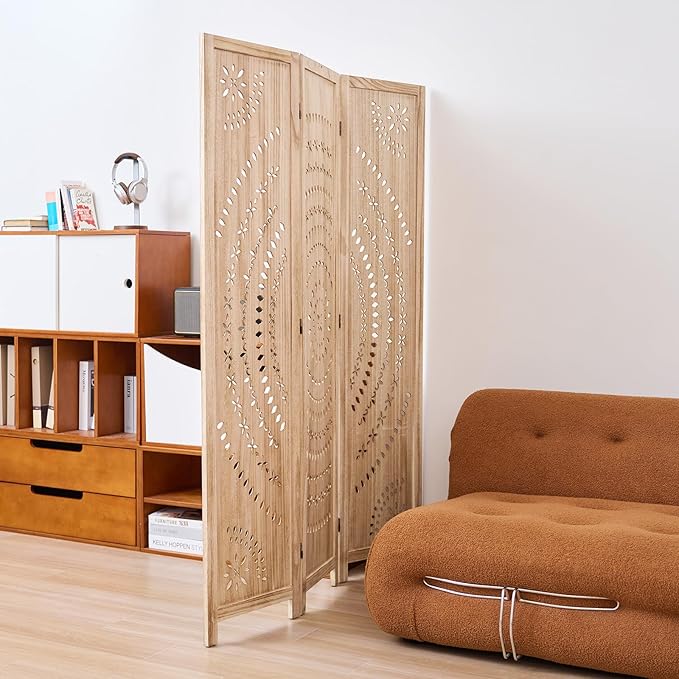 66.9Inch Folding Room Divider, 3 Panels Wood Carved Privacy Screens, Free - Image 2