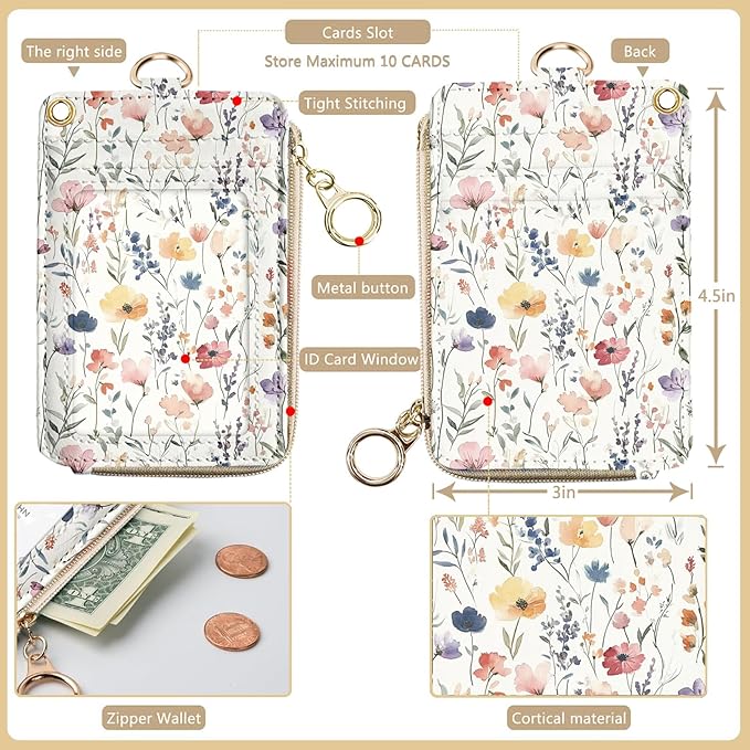 bolimoss 2-in-1 ID Badge Holder & Lanyard Wallet, Cute Florals Leather ID Badge - Image 2
