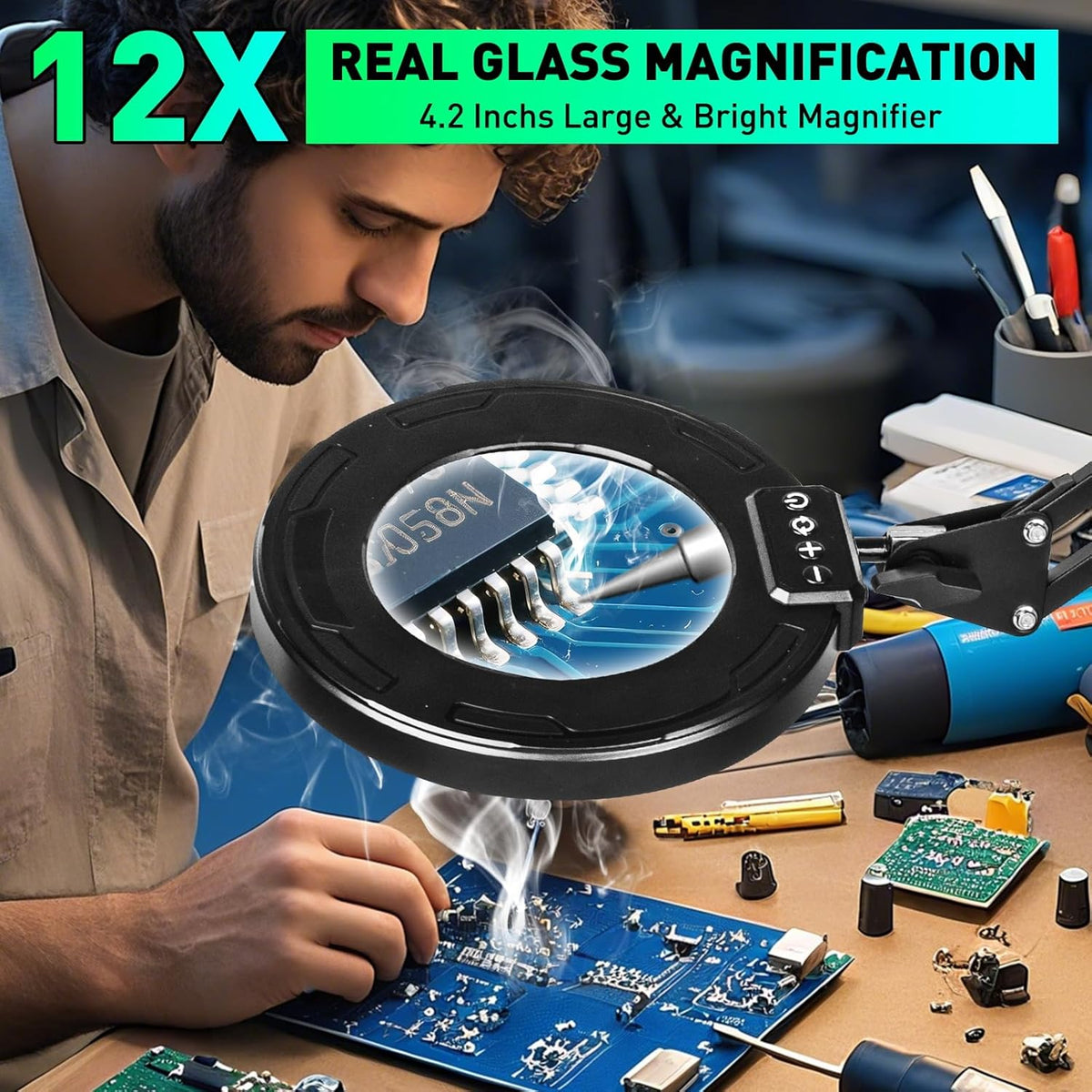 12X Magnifying Glass with Light and Stand, Soldering Helping Hands