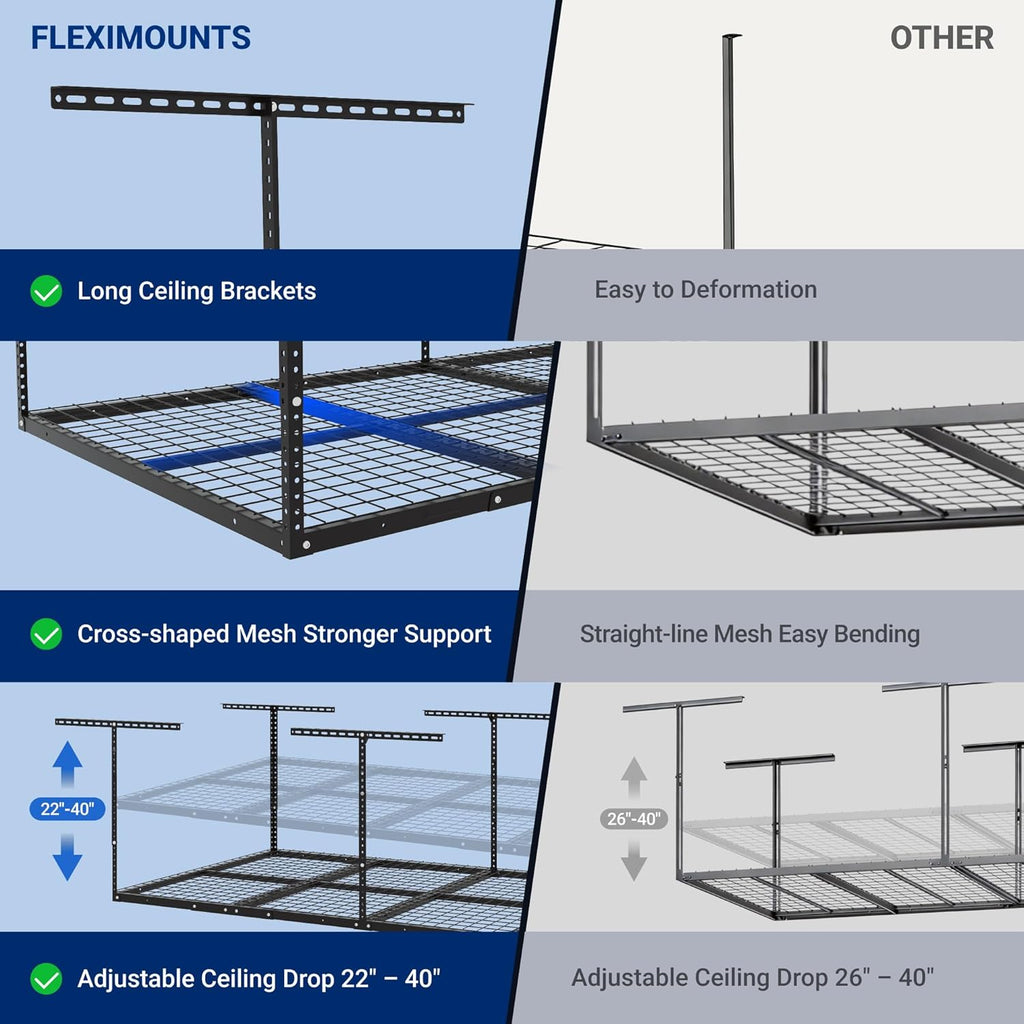 fleximounts 4x8 overhead garage ceiling storage rack organization showing dimensions