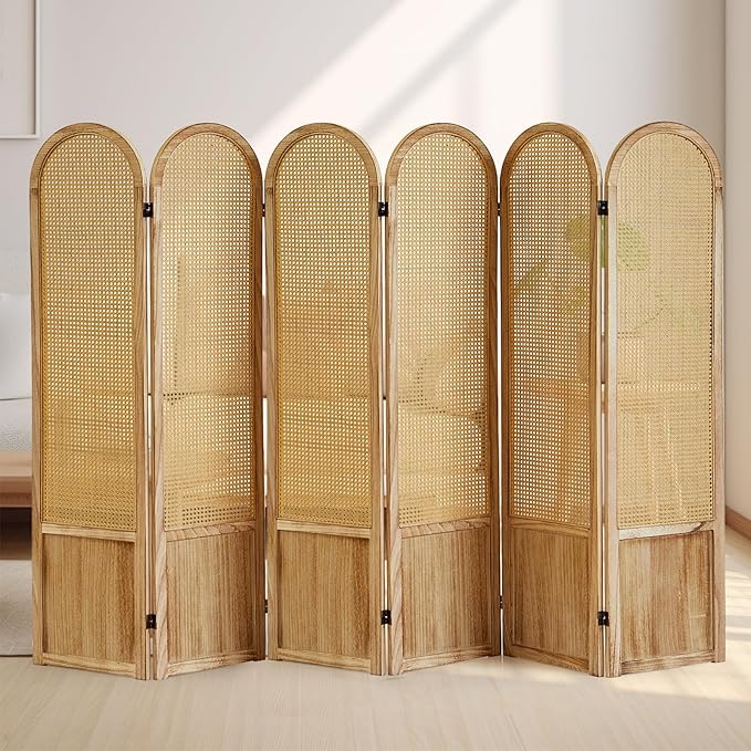 Asnefeli 6 Panels Room Divider, Folding Privacy Screen, Foldable Wood Rattan - Image 8