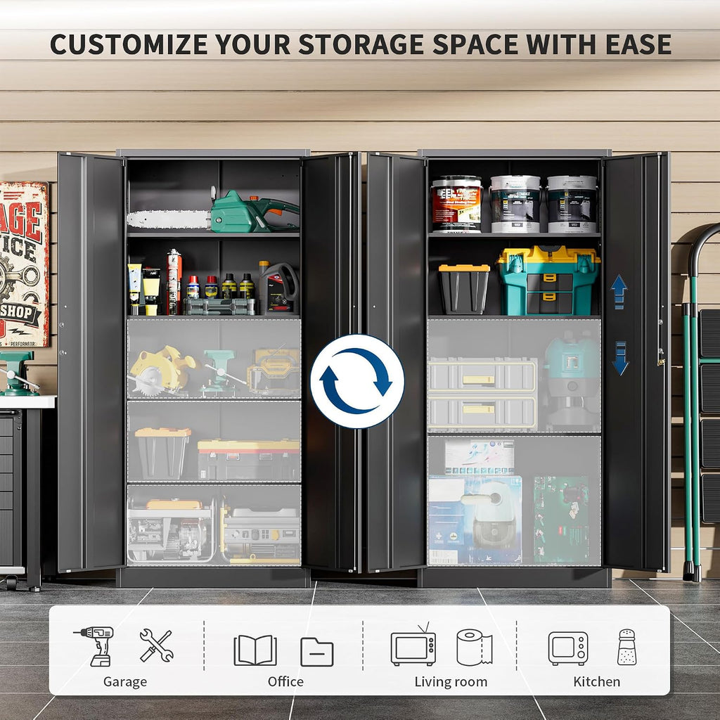garage storage cabinet, durable metal storage solution showing dimensions