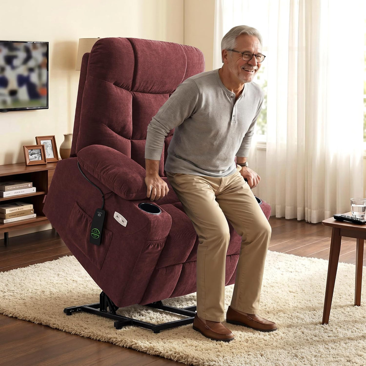 MCombo Power Lift Recliner for Elderly, Fabric 7287 (Burgundy, Medium)