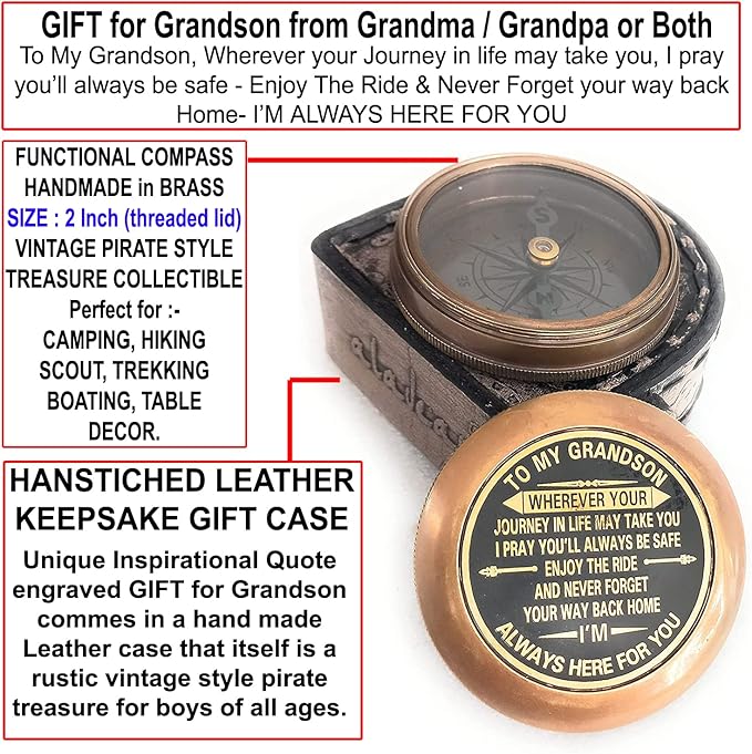 Gift for Grandson Brass Compass Engraved Quote | Memory Present to My Grandson - Image 2