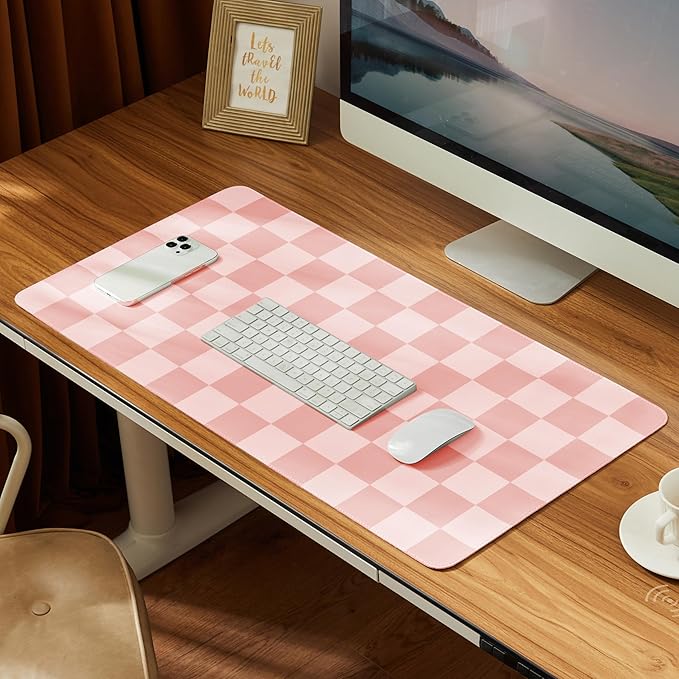 Ohocut Checkered Desk Mat, 31.5" x 15.7" Large Cute Coral Pink Aesthetic Retro by Ohocut