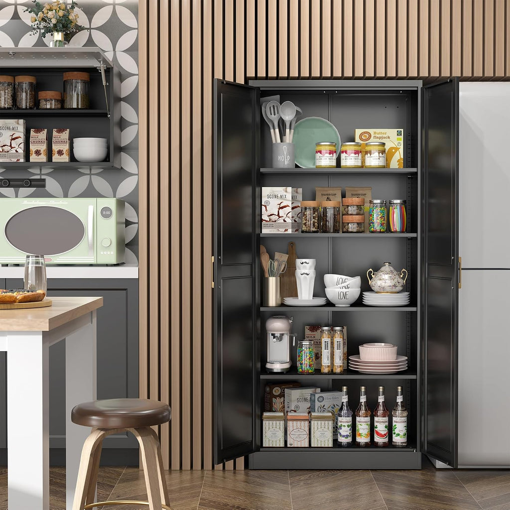steeloong 71"metal pantry storage cabinet with doors & on a desk or shelf