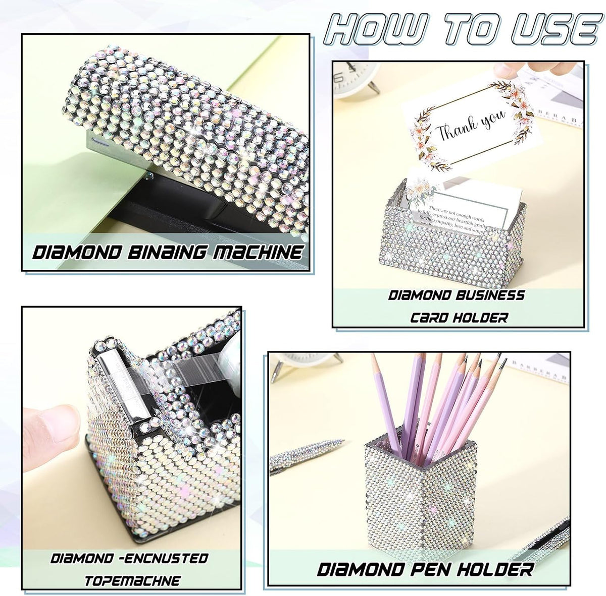 Demissle White 7 Pcs Bling Desk Accessories Set Office Kit for Women