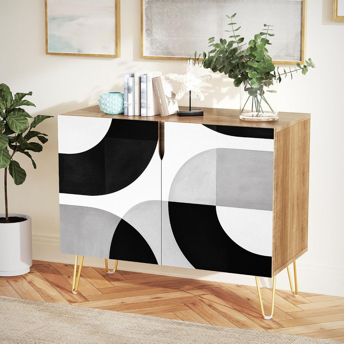 SIGNWIN Sideboard Buffet Cabinet, Kitchen Storage Cabinet with 2 Doors, Abstr...