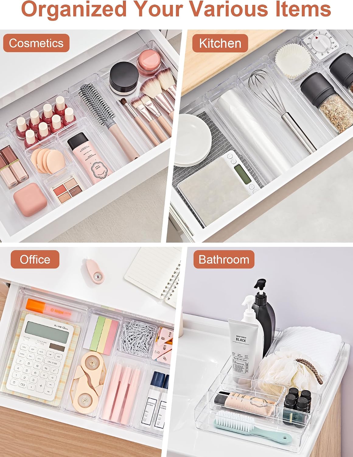 SMARTAKE 37 PCS Drawer Organizer 4 Size Desk Makeup Drawer Organizer Clear