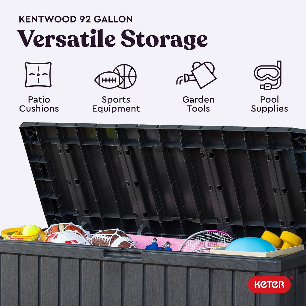 keter kentwood 92 gal outdoor storage box for showing dimensions