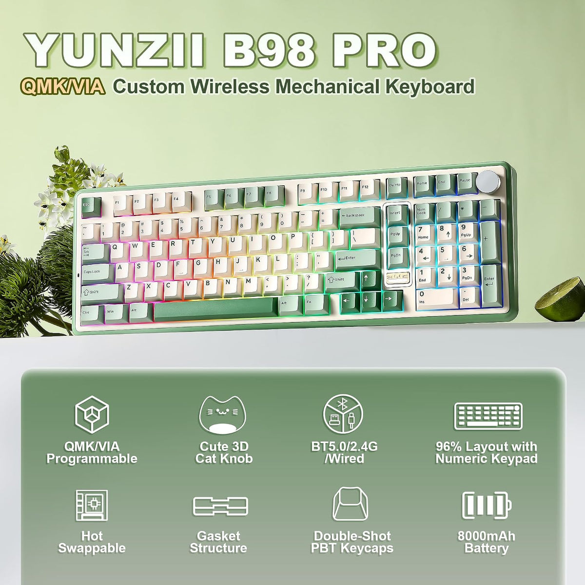 YUNZII B98 PRO 96% Wireless Mechanical Keyboard (Matcha Green, Milk Switch)