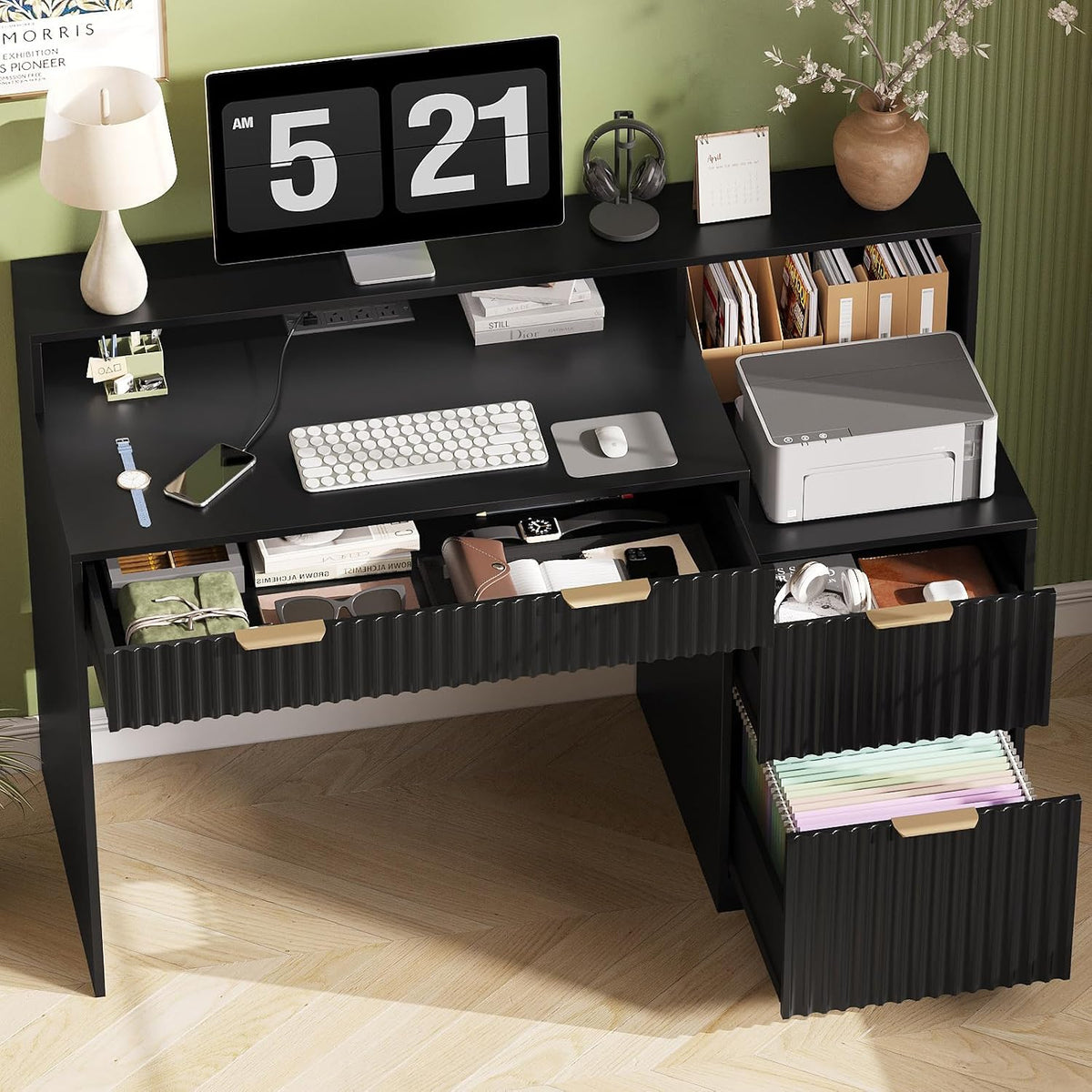 Vabches Fluted Computer Desk with Power Outlets, Home Office Desk with Drawer...