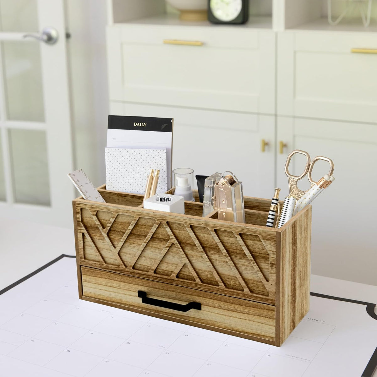 BLU MONACO Natural Wood Desktop Pen Organizer with Drawer - Stylish and Versa...