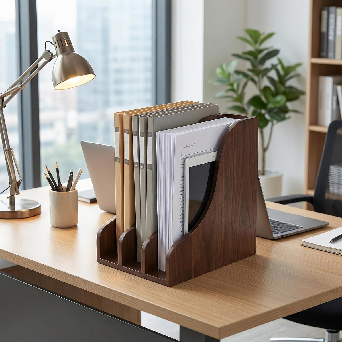 Solid Wood Vertical File Organizer, No Assembly Desk Mail Document Holder