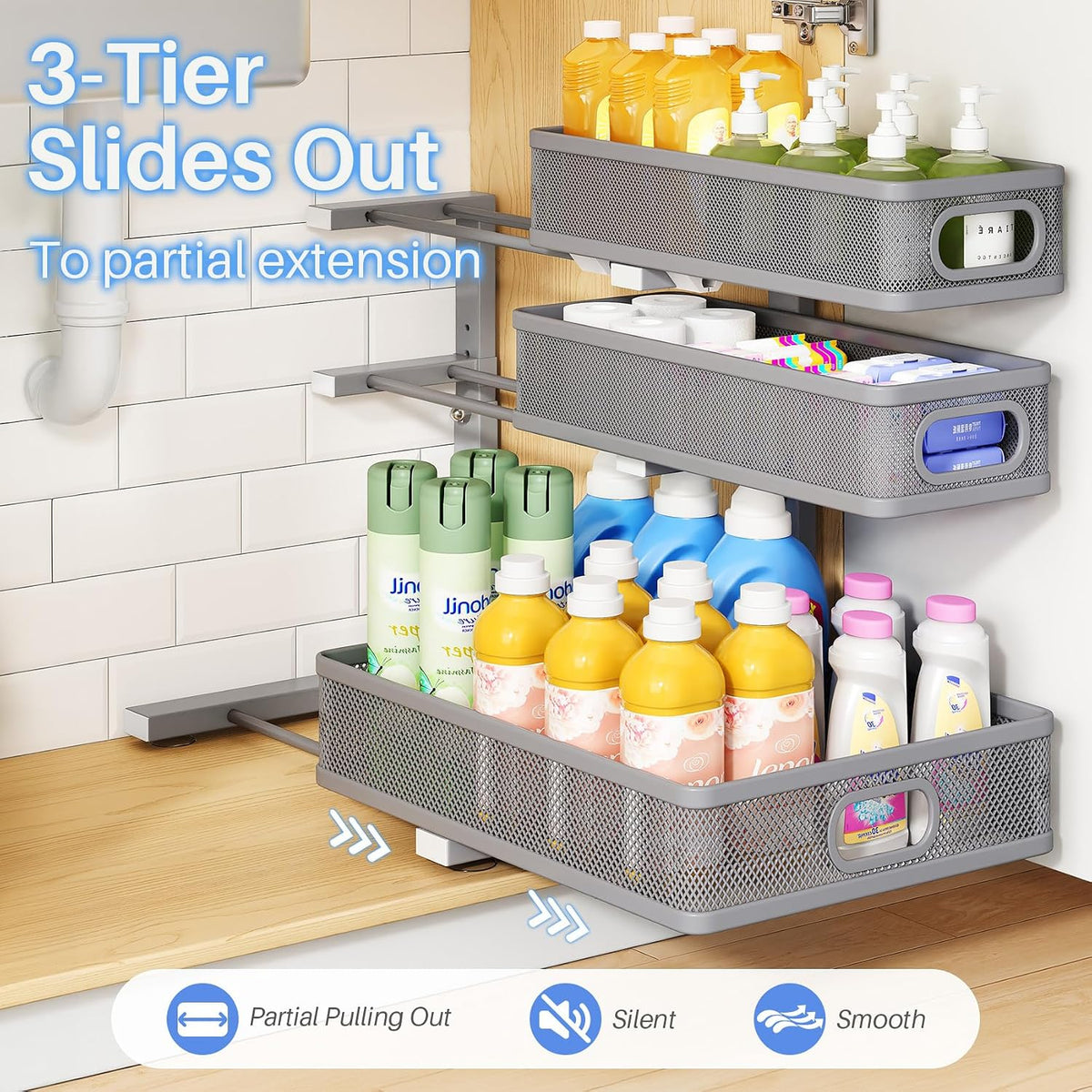 Under Sink Organizer, 3-Tier Thickened Metal Pull out Cabinet Organizer Shelf...