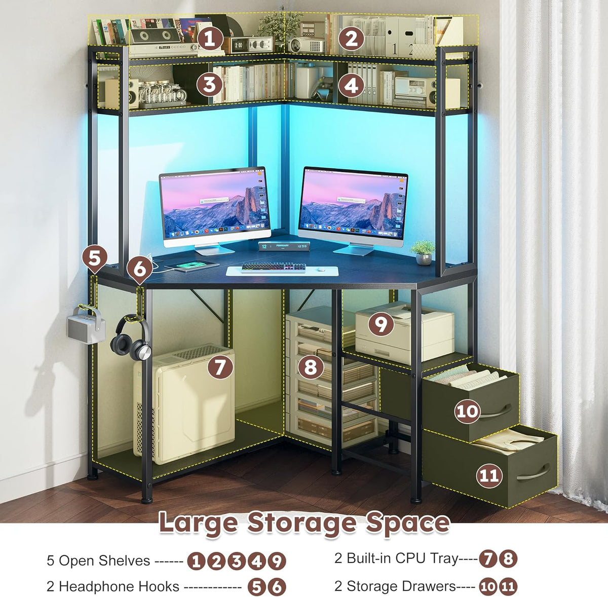 DurayLoly 63"Triangular Corner Desk with Hutch,Ample Storage for Small Room