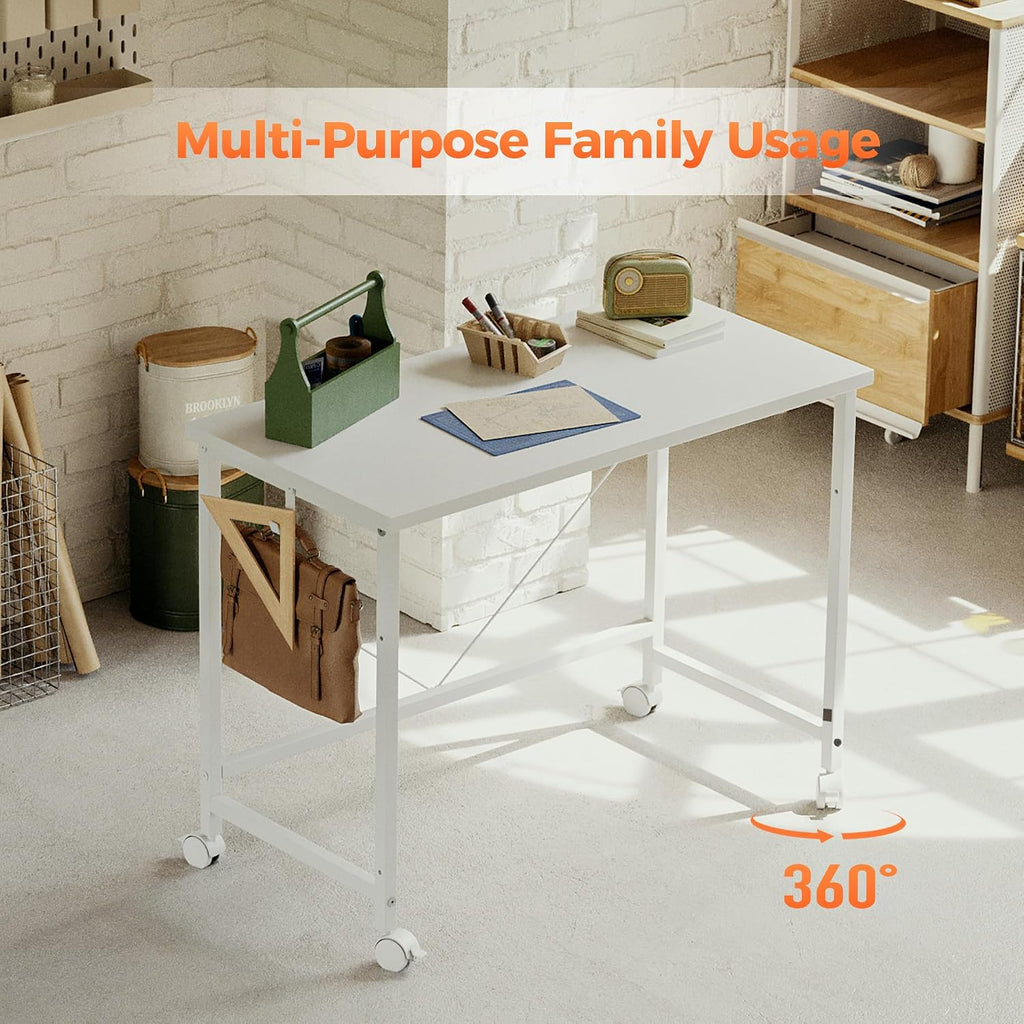 39x20 Inch Computer Desk with Wheels, Small Simple Rolling Desk | Writing Table for Home Office Bedroom Work Study, White