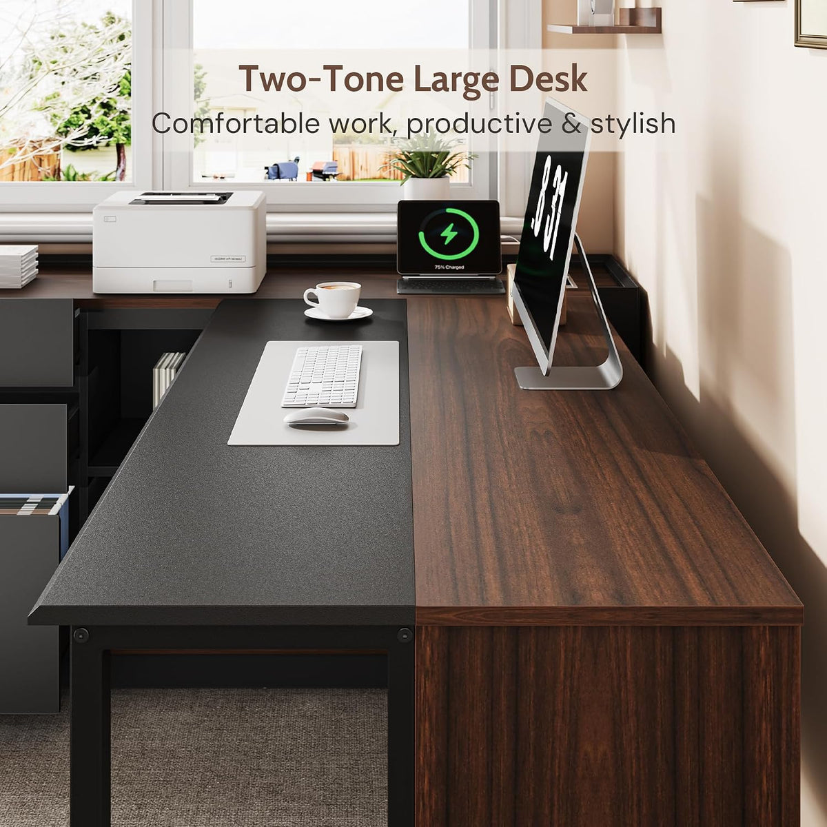 70" Executive Desk with Cabinet Storage, L-Shaped Office Desk with 3 Dra...