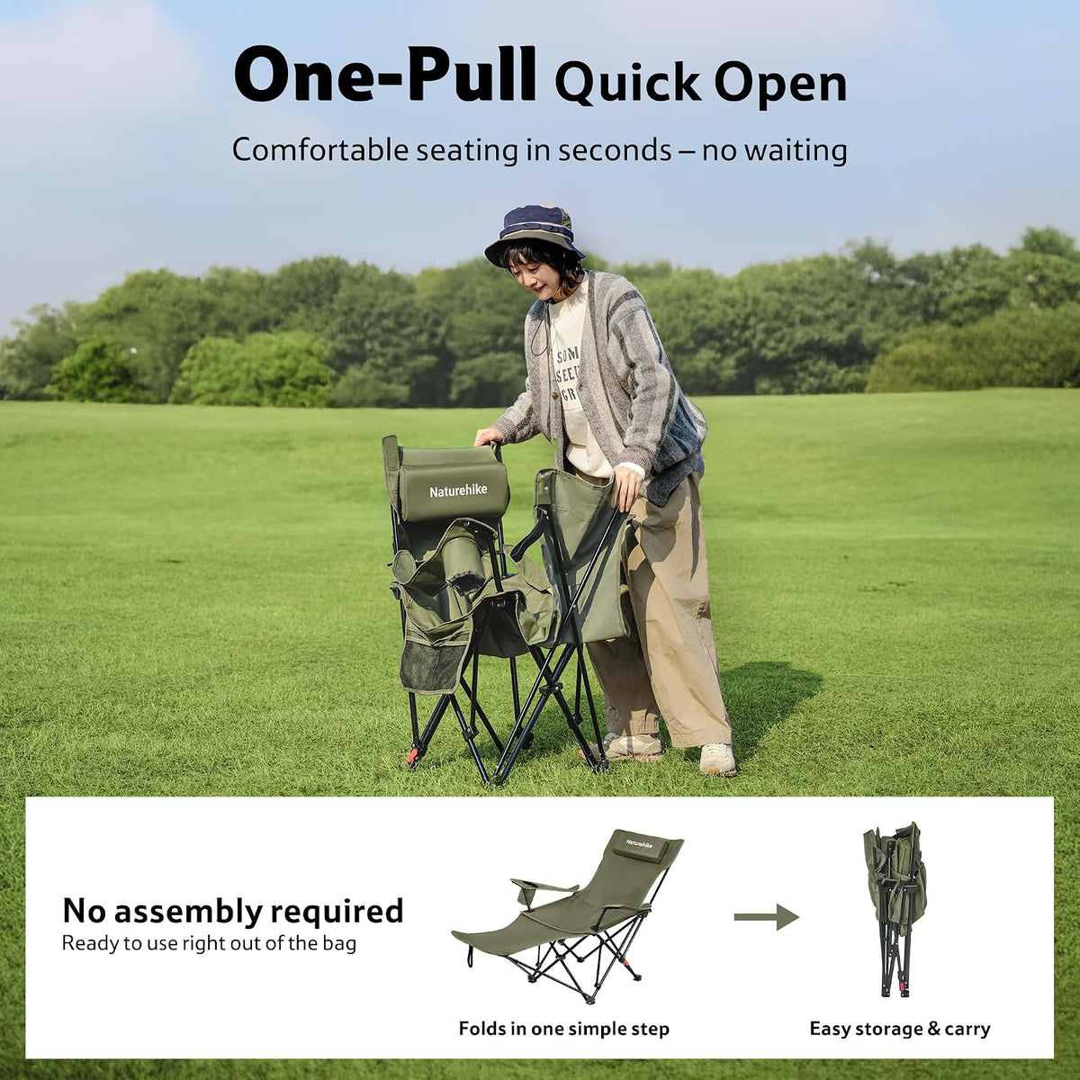 Naturehike 3-Position Adjustable Recliner with Footrest, Heavy Duty Folding C...