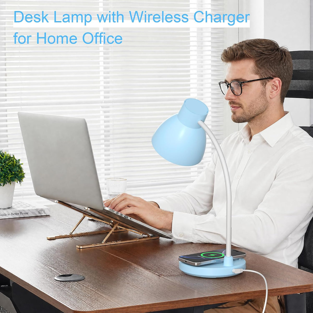 LED Desk Lamp for Home Office with Wireless Charger, Blue