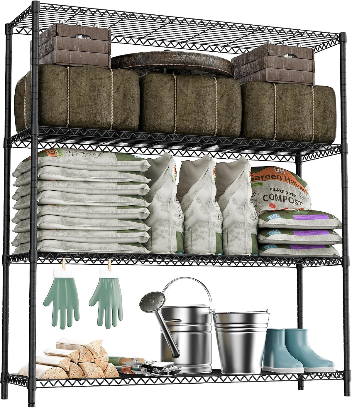 M MZG Stand Shelf Wire Rust-Proof Outdoor Storage Shelving 4-Tier Utility