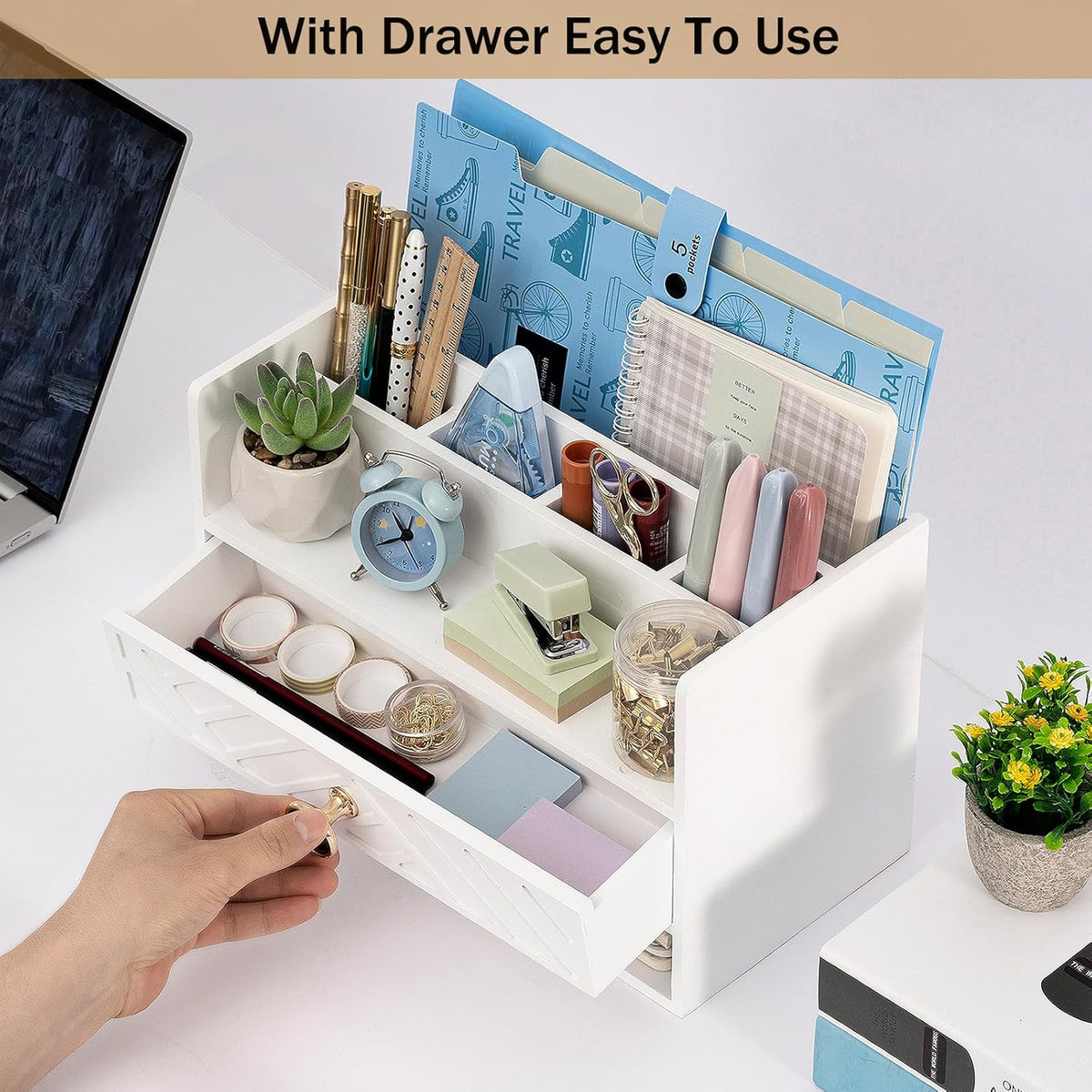 desk organizer with drawer, countertop bill mail organizer, close-up detail