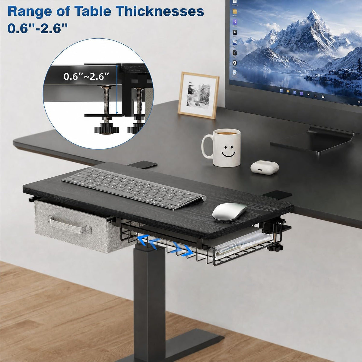 Desk Extender Tray, Clamp On Desk Shelf with Exchangeable 2 Drawers, Grey
