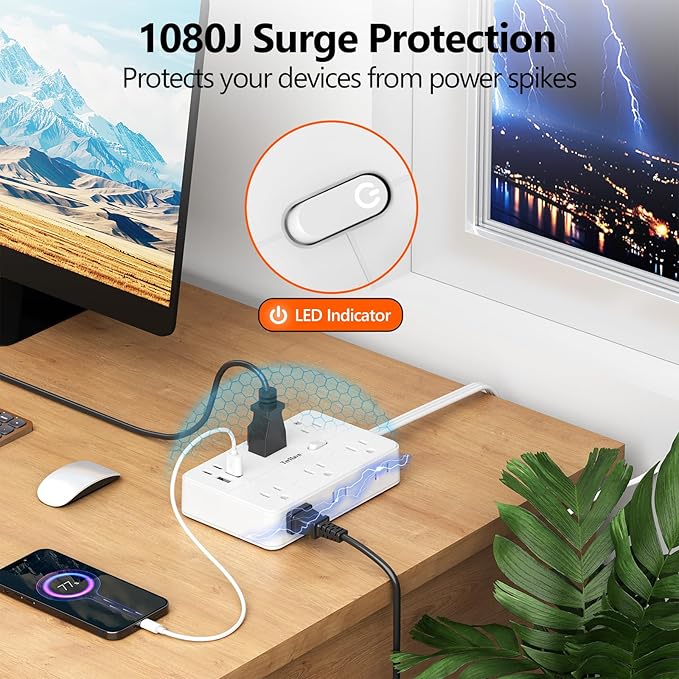 Surge Protector Power Strip 10 FT Flat Extension Cord ，10 AC Outlets & 4 USB - Image 4